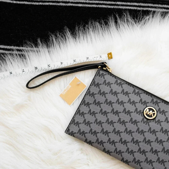 NWT! MICHAEL KORS FULTON LARGE ZIP CLUTCH - BLACK GRAY GOLD - Picture 7 of 10